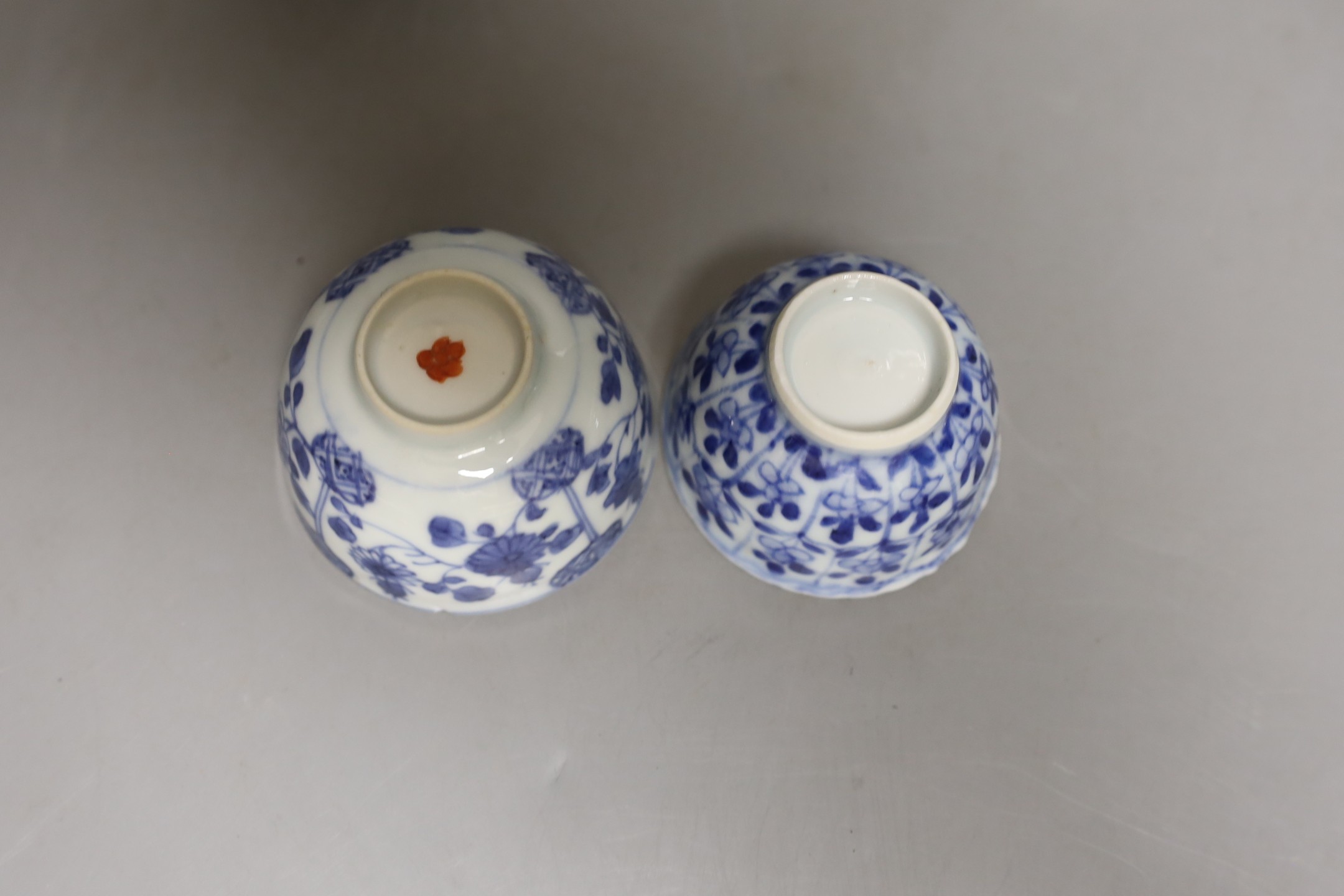 A group of Chinese blue and white tea bowls, 18th century a saucer and a in English porcelain leaf dish
